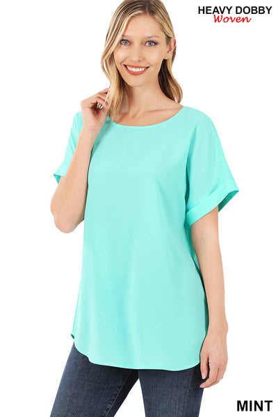 42POPS - .SI-15944 WOVEN HEAVY DOBBY ROLLED SLEEVE BOAT NECK TOP: LTNAVY-150221 / S