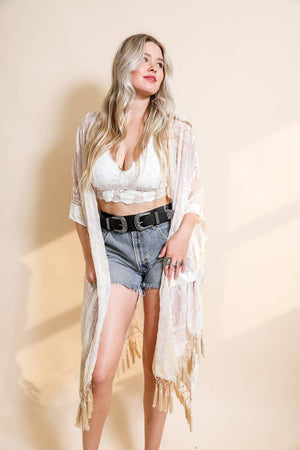 Leto Accessories - Western Velvet Mesh Tapestry Tassel Kimono