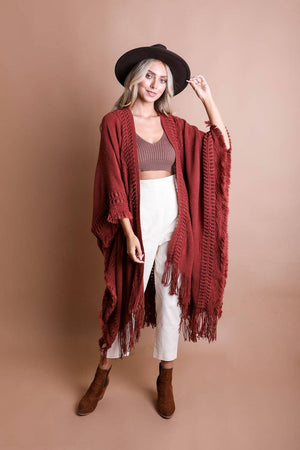 Rust Open Work Frayed Ruana