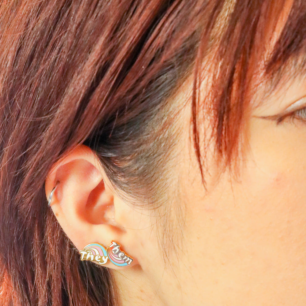 Yellow Owl Workshop - They Them Earrings | Pride Nonbinary Gold Mismatched Studs