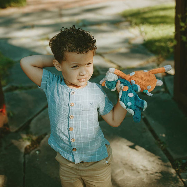 Pebble - Handmade Stegosaurus Baby Rattle | Organic Cotton | Blue