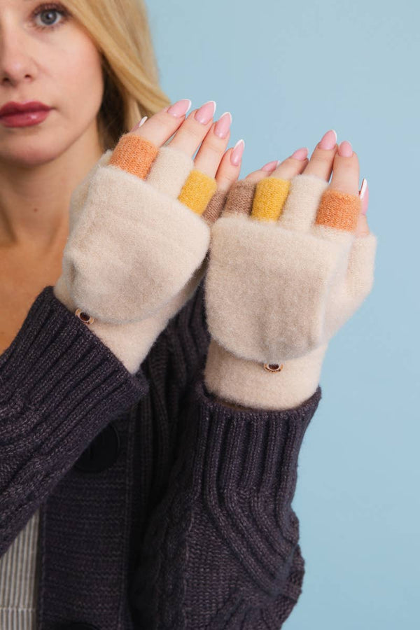 Leto Accessories - Rainbow Tip Convertible Gloves - Cute Winter Accessory: Cream/Beige