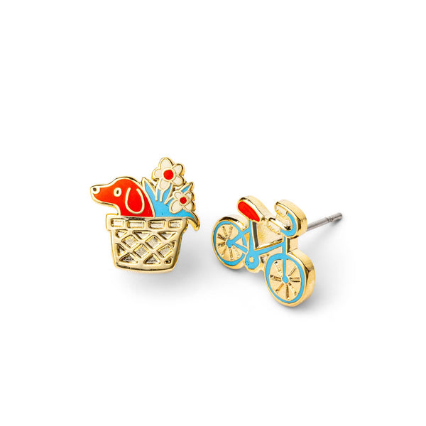 Yellow Owl Workshop - Bicycle & Dog Earrings | Dog Lover Mismatched Gold Studs