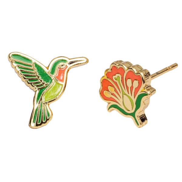 Yellow Owl Workshop - CURIO Hummingbird & Flower Earrings | Mismatched Gold Studs