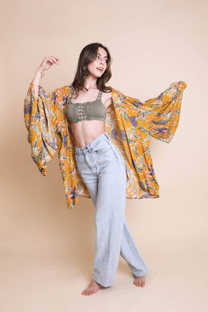 Leto Accessories - Tropical Leaves Draped Sleeve Kimono