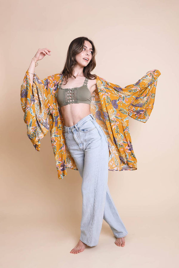 Leto Accessories - Tropical Leaves Draped Sleeve Kimono
