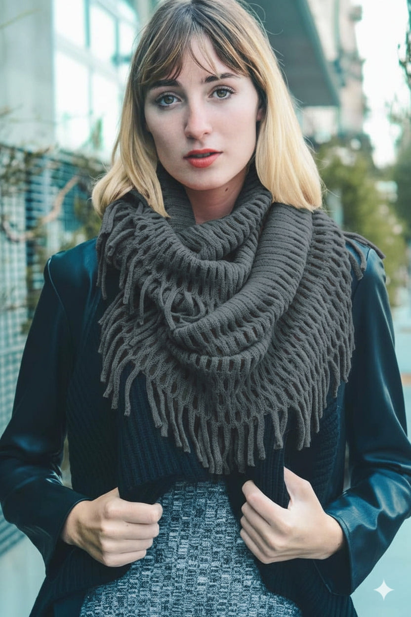Gray Tassel Fringe Knit Infinity Scarf