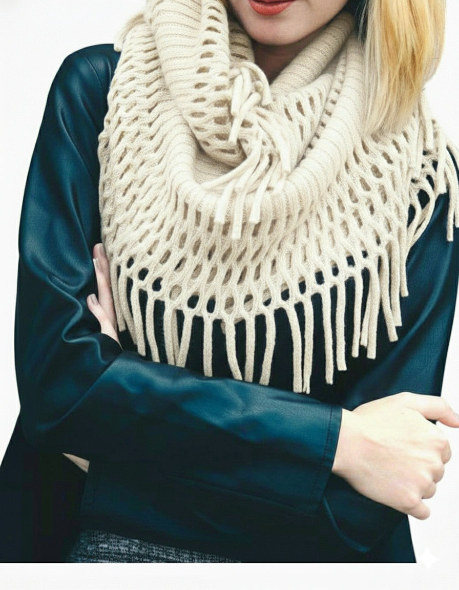Ivory Tassel Fringe Knit Infinity Scarf