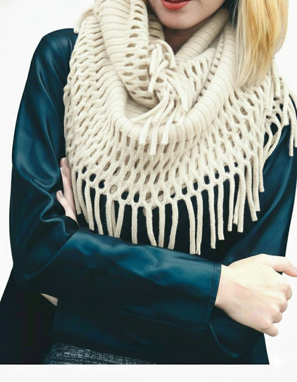 Ivory Tassel Fringe Knit Infinity Scarf