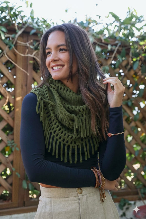 Olive Tassel Fringe Knit Infinity Scarf