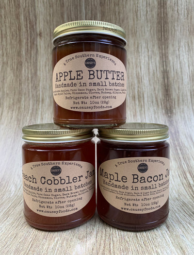 Apple Butter, Peach Cobbler Jam, Maple Bacon Jam