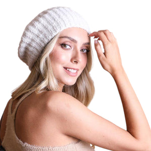 Ivory Boucle Knit Beret Style Beanie