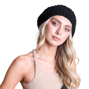 Black Boucle Knit Beret Style Beanie