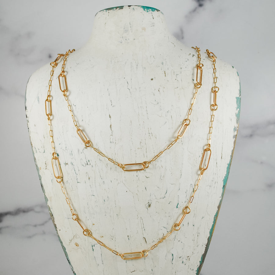 Paperclip Link Long Floating Necklace - gold-filled