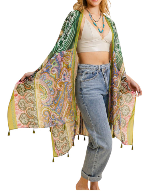 Paisley Print Open Front Kimono w/ Cinched Arms