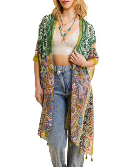 Paisley Print Open Front Kimono w/ Cinched Arms