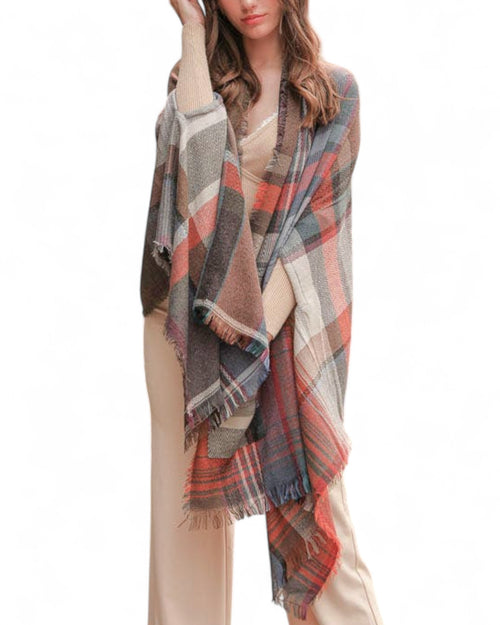 Peach Line Multicolor Plaid Pocket Ruana