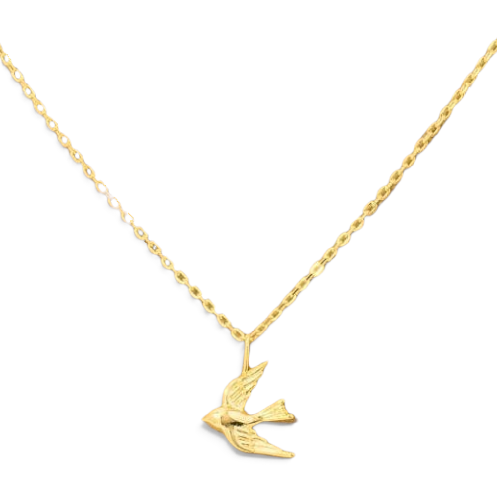 the beehive 18k gold plated brass pendant necklace featuring a 3D soaring bird design worn on a woman