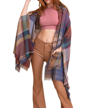 Camel Multicolor Plaid Pocket Ruana