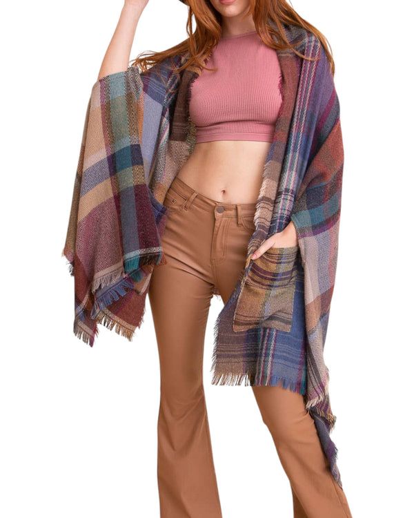 Camel Multicolor Plaid Pocket Ruana