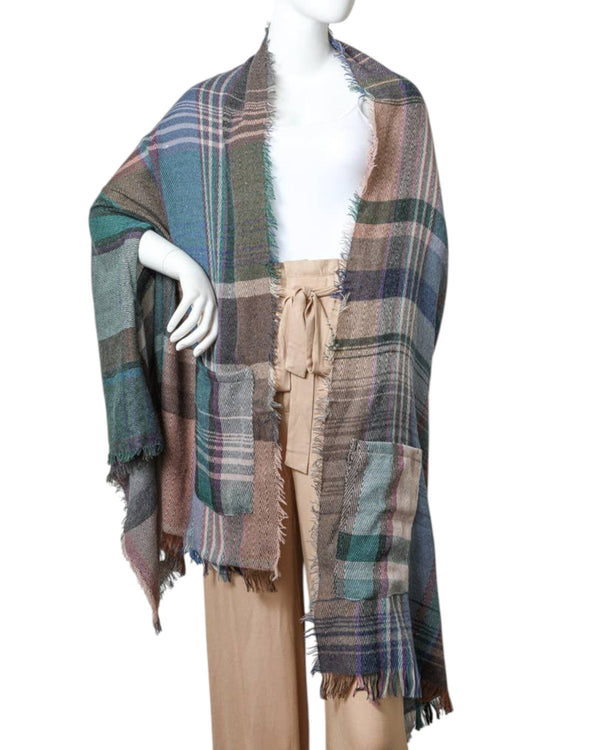 Light Pink Multicolor Plaid Pocket Ruana