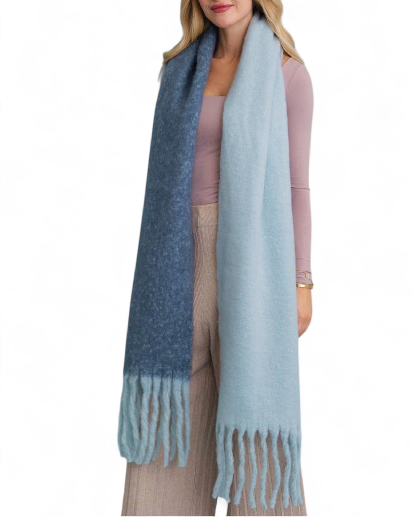 True Blues Cozy Solid Two Tone Tassel Scarf