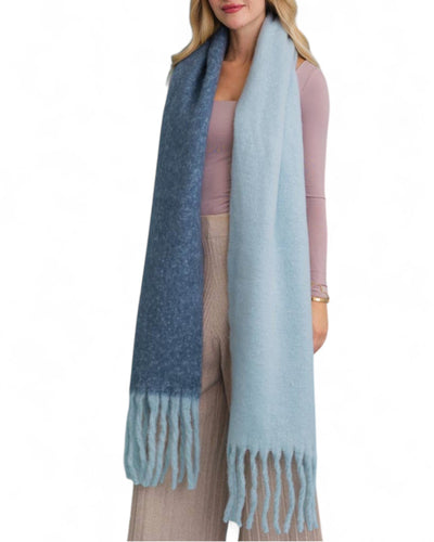 True Blues Cozy Solid Two Tone Tassel Scarf