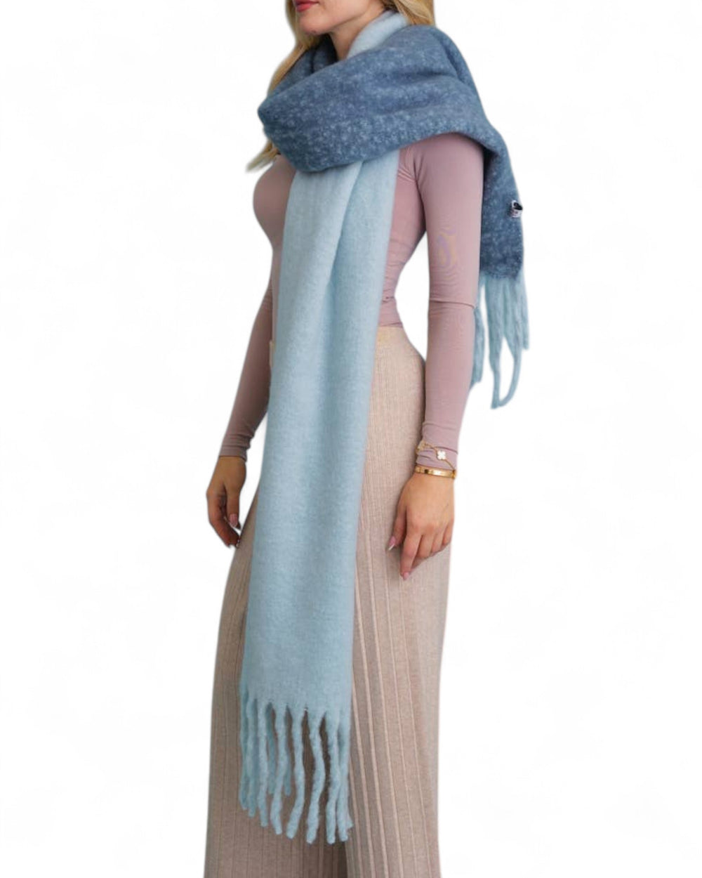 True Blues Cozy Solid Two Tone Tassel Scarf