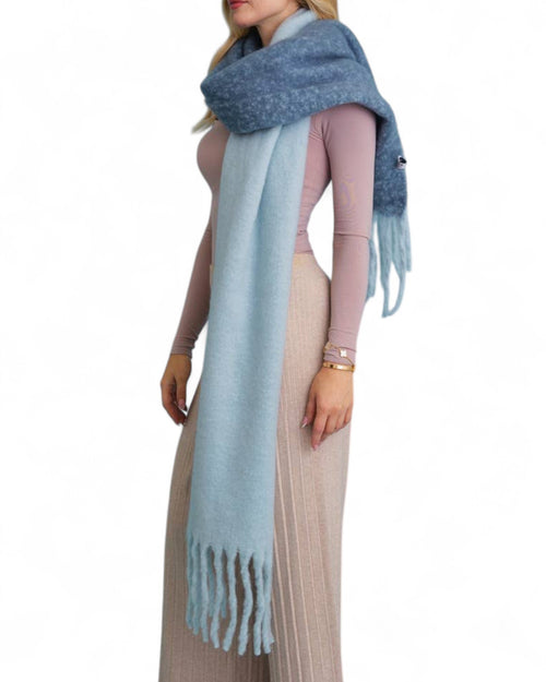 True Blues Cozy Solid Two Tone Tassel Scarf
