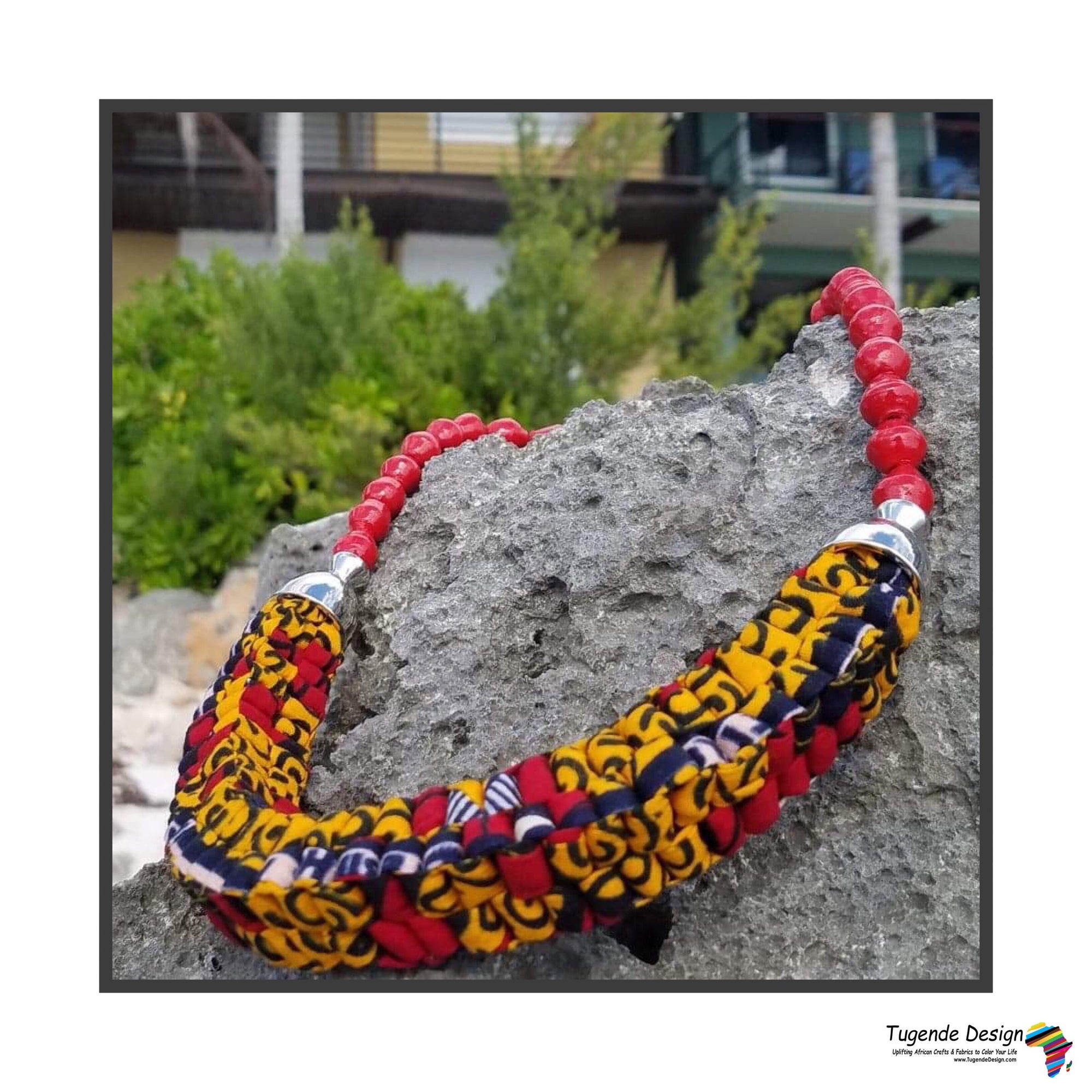 Mara Handmade Braided Necklace in Beads and Ankara Fabric (Available in 8 Colors)