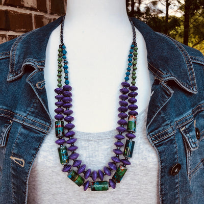Kakobe Handmade Beaded Necklace in Purple and Funky Colors (Select 3 color choices)