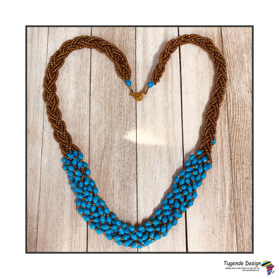 Abambejja Elegant Handmade Intricately Beaded Signature Necklace (Bright Blue with Gold Seed Beads)