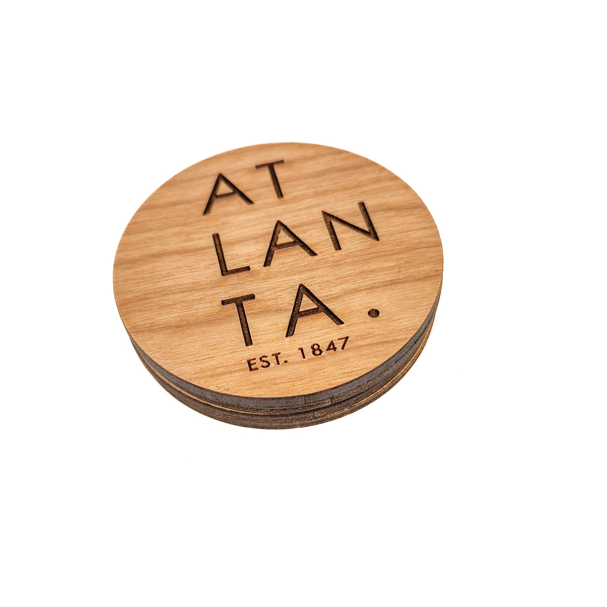 Round Magnetic Wood Engraved Bottle Opener - Atlanta EST. 1847