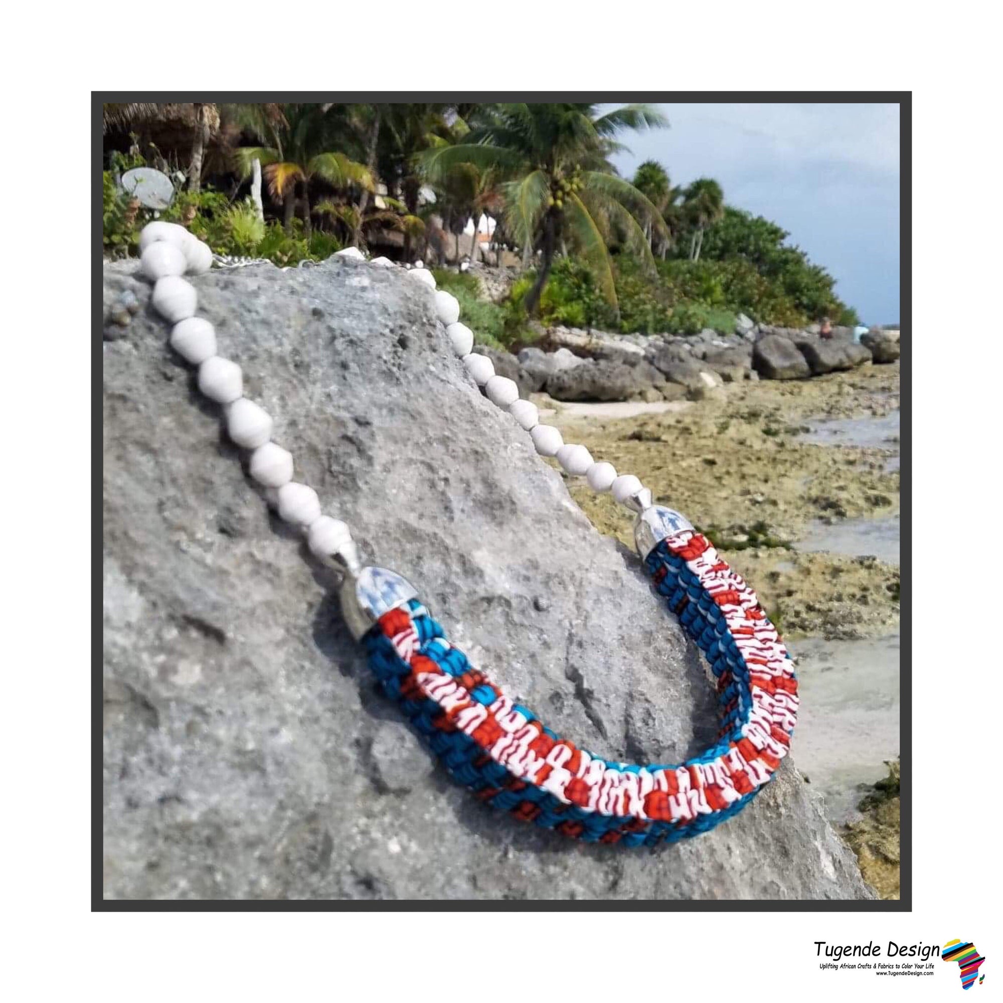 Mara Handmade Braided Necklace in Beads and Ankara Fabric (Available in 8 Colors)