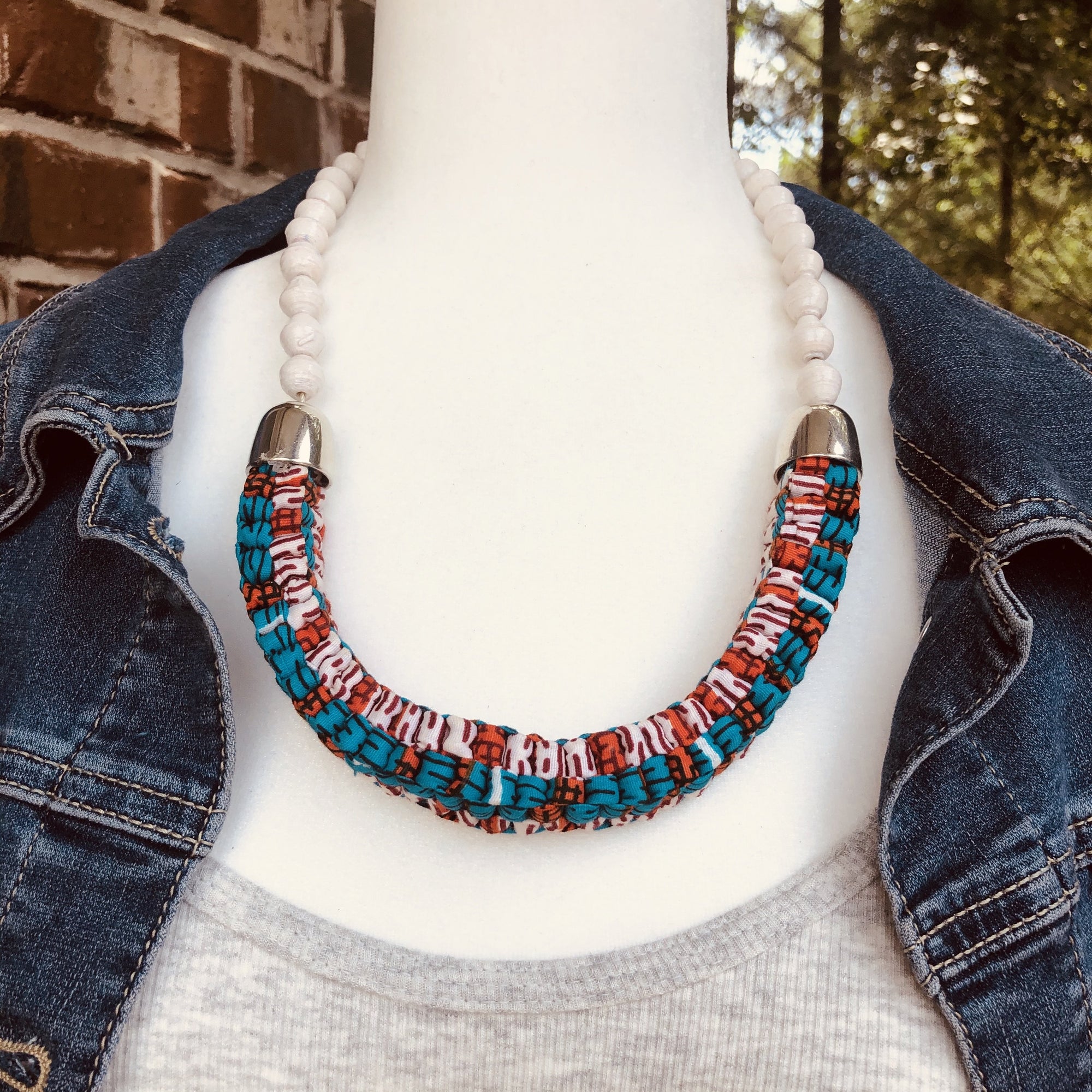 Mara Handmade Braided Necklace in Beads and Ankara Fabric (Available in 8 Colors)