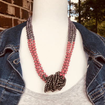 Unique Signature Handmade Beaded Multi Strand Necklace with Knot (Gray and Pink)