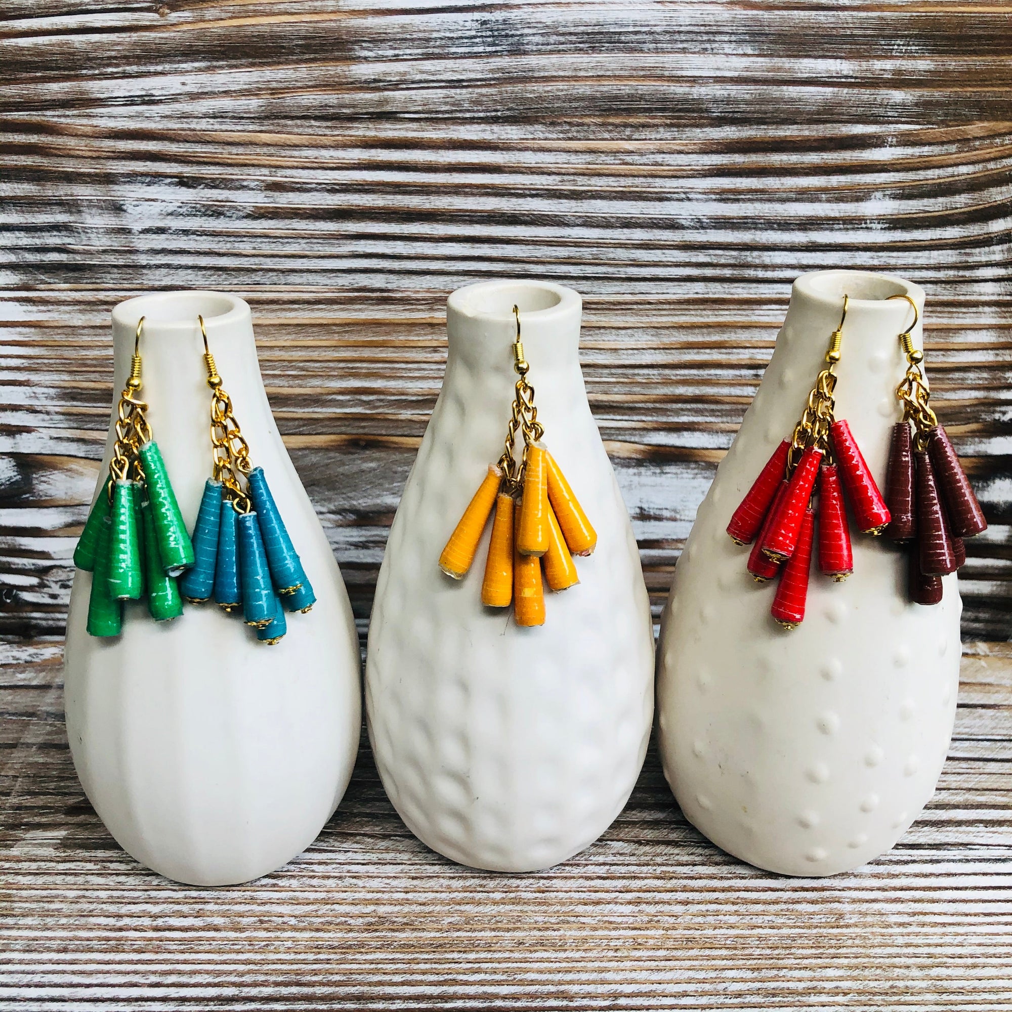 Dangling Handmade Beaded Earrings (6 Medium Cone Beads in Bright Blue)