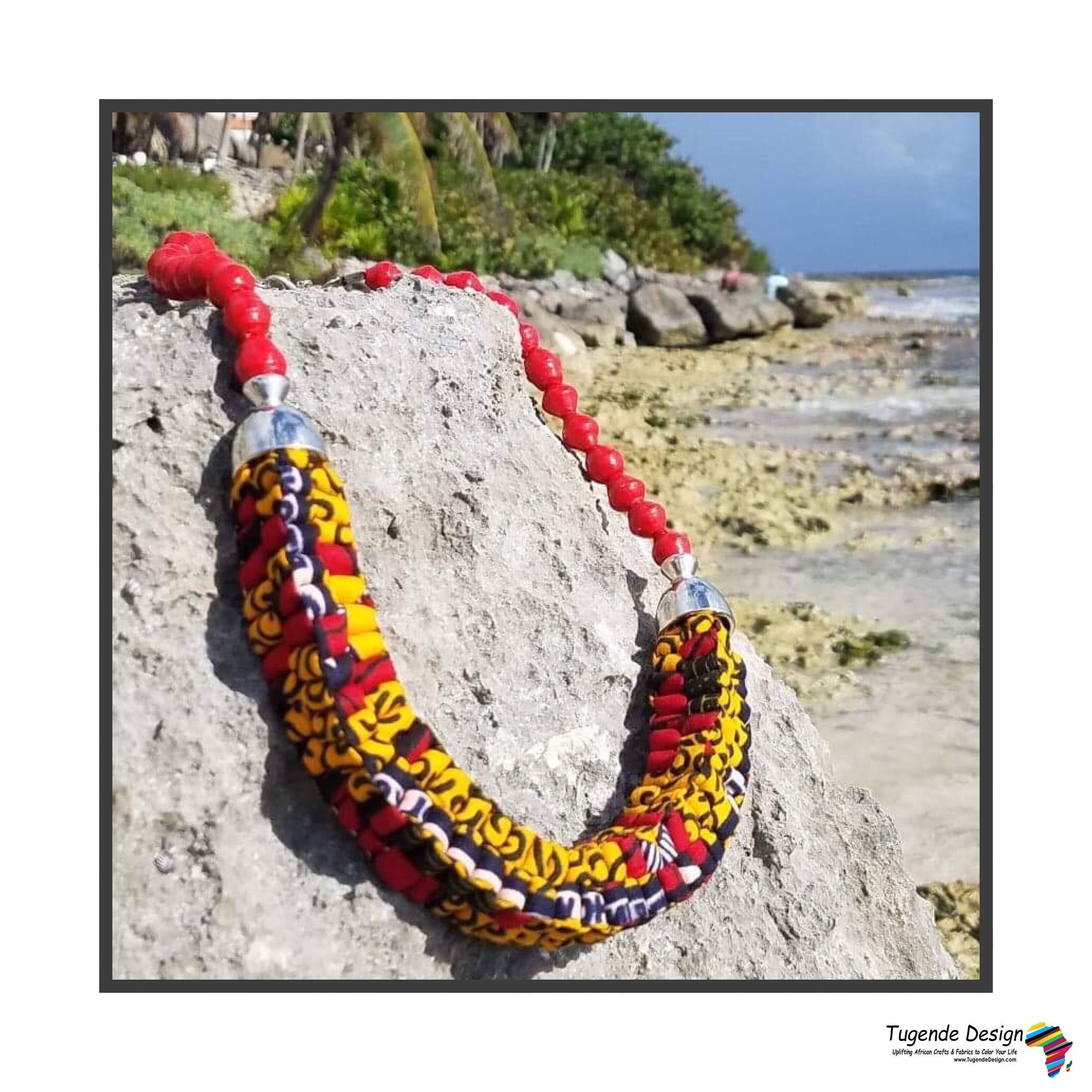Mara Handmade Braided Necklace in Beads and Ankara Fabric (Available in 8 Colors)