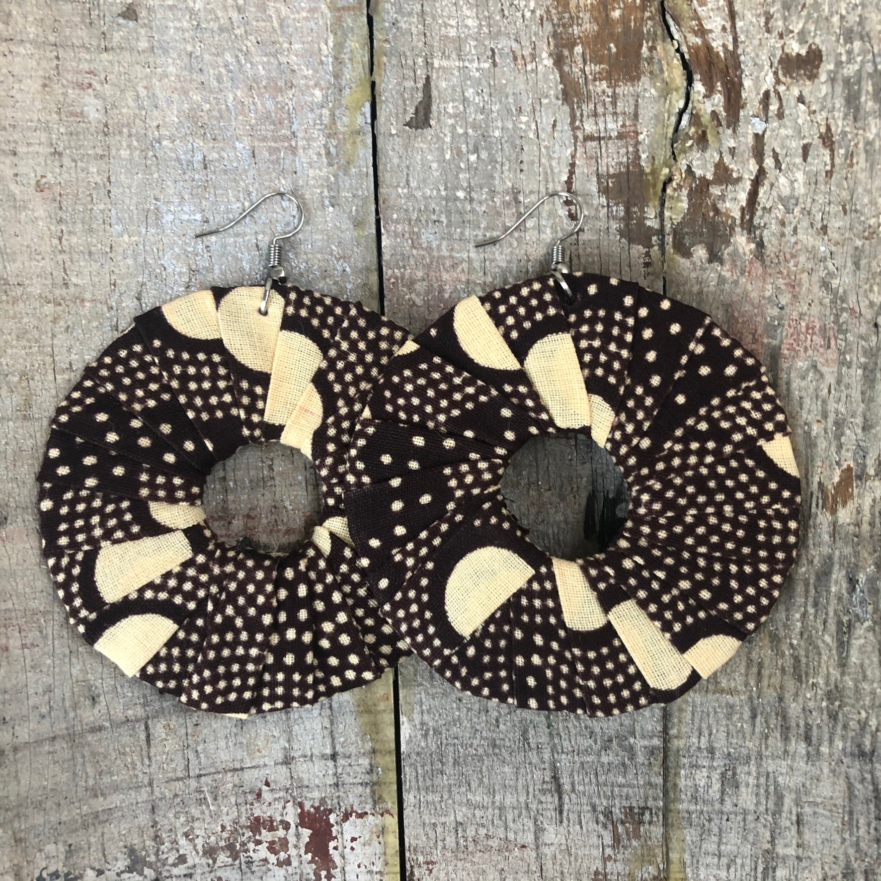 Large Round Ankara Kitangala Earrings (Multicolor - Brown and Cream)