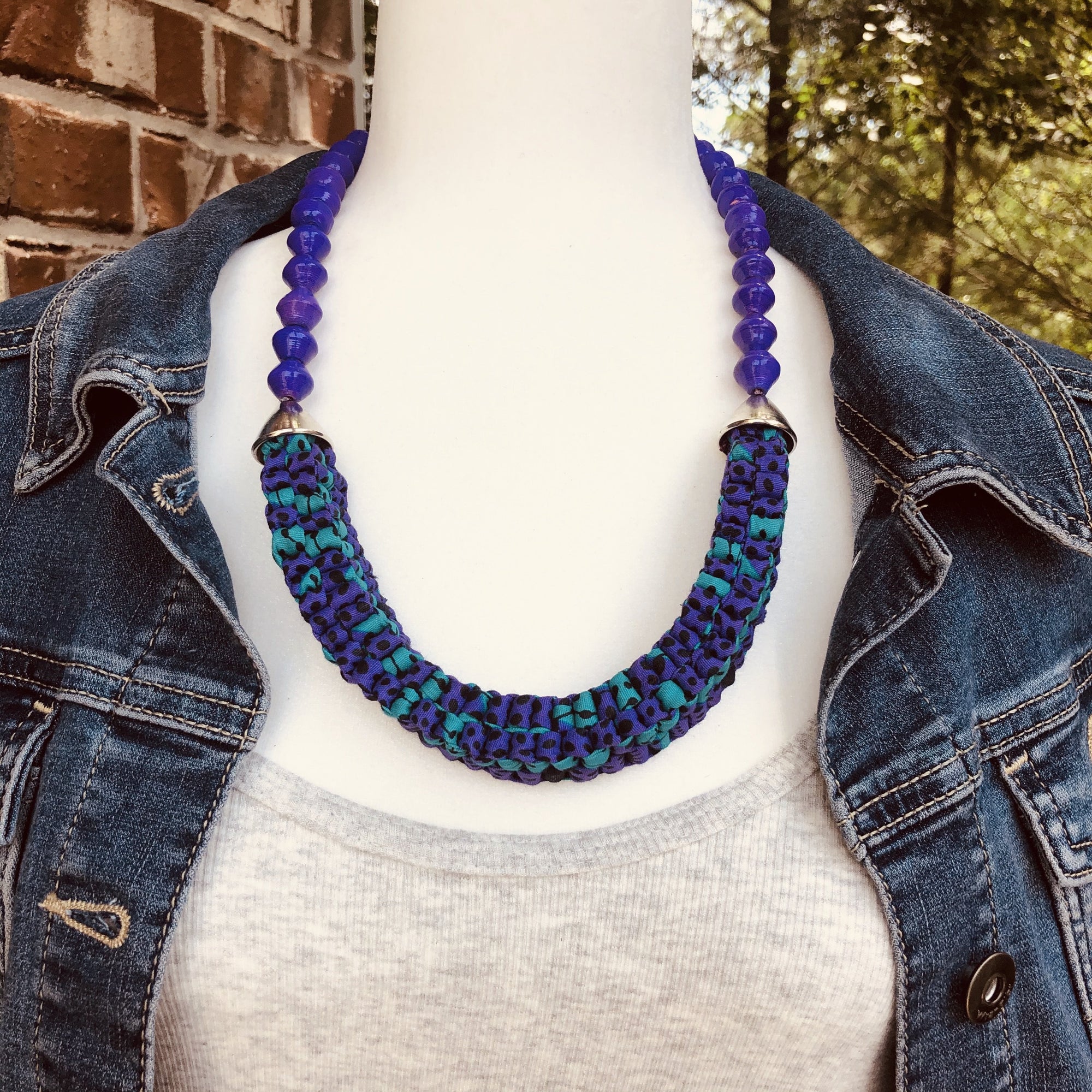 Mara Handmade Braided Necklace in Beads and Ankara Fabric (Available in 8 Colors)