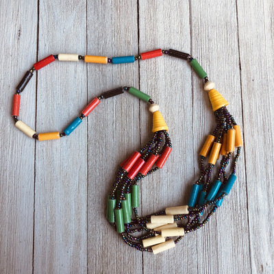 Kyenvu Handmade Beaded Offset Multi Strand Necklace in a Bold Multi Color Combination