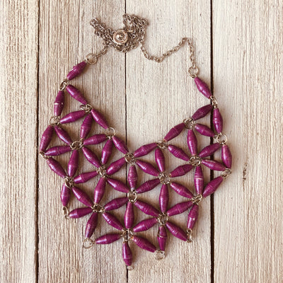 Grace Handmade Intricate Beaded Bib Design and Earrings Set (Purple)