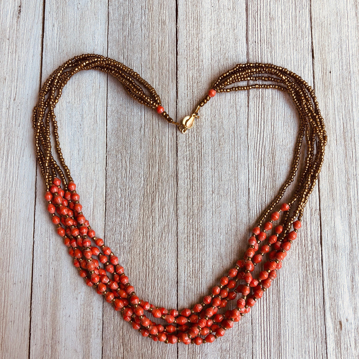 Musana Handmade Multi Strand Beaded Necklace (Rustic Red with Gold Seed Beads, 6 Strands)