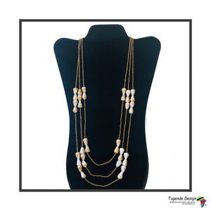Namirembe Handmade Beaded Multi Strand Necklace with Bling (Gold with Cream or White)