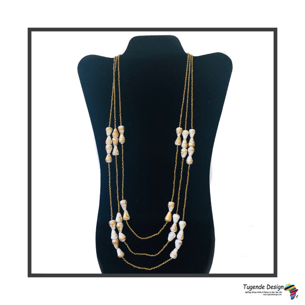 Namirembe Handmade Beaded Multi Strand Necklace with Bling (Gold with Cream or White)