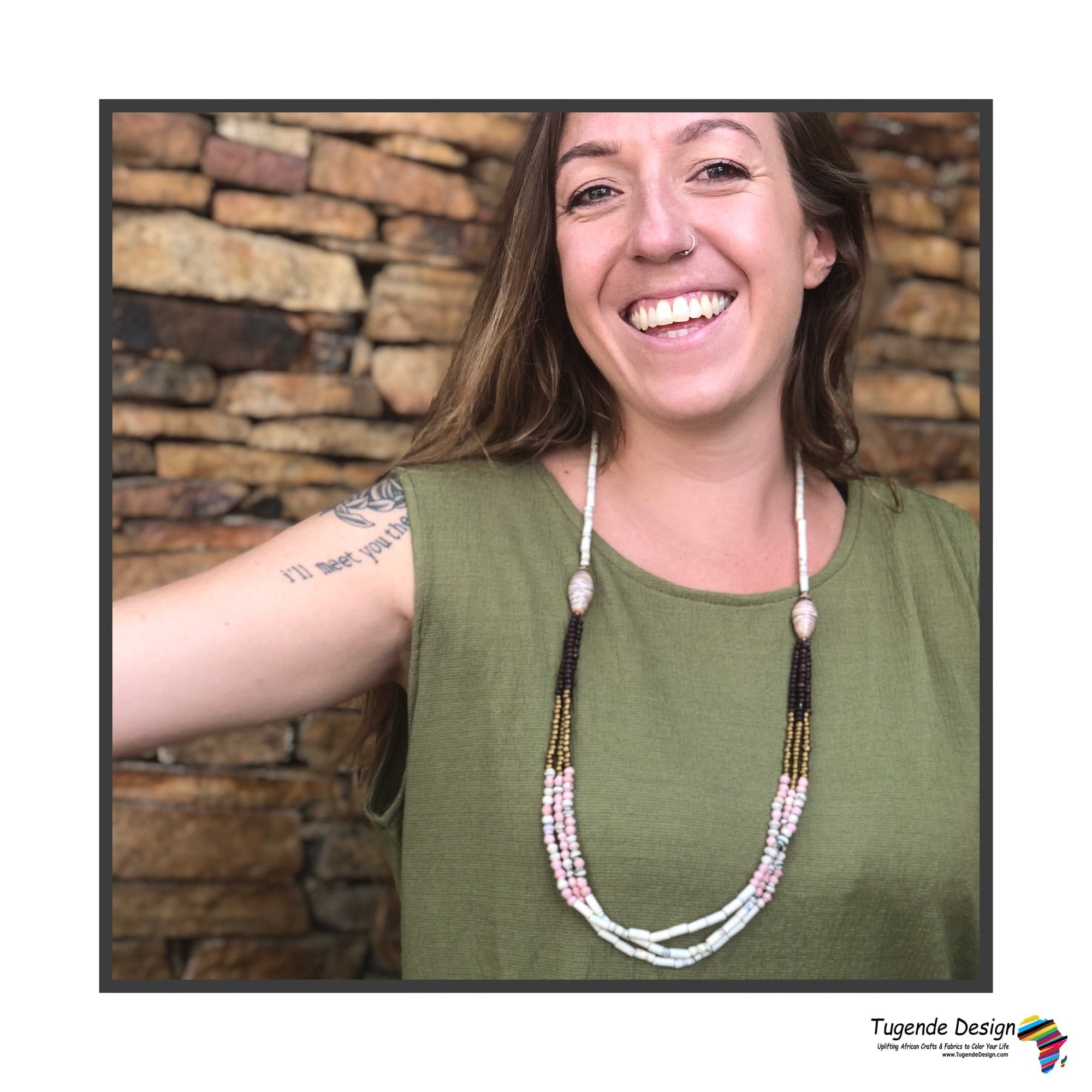 Birungi Boho Chic Handmade Beaded Long Necklace (Cream or Rose)