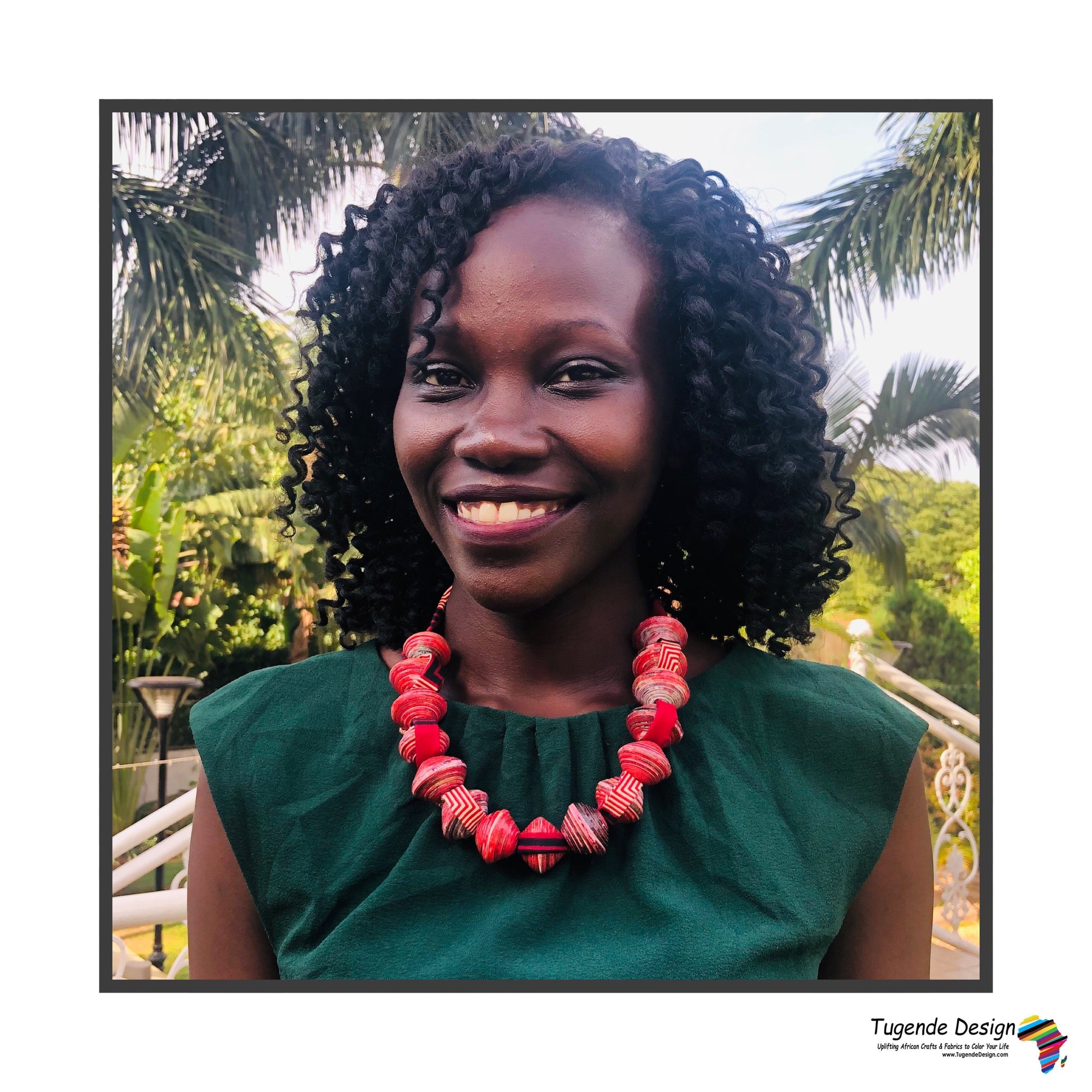 Sanyu Funky Handmade Necklace with Chunky Beads and Ankara Fabric (Large Beads in Red, Green or Orange)