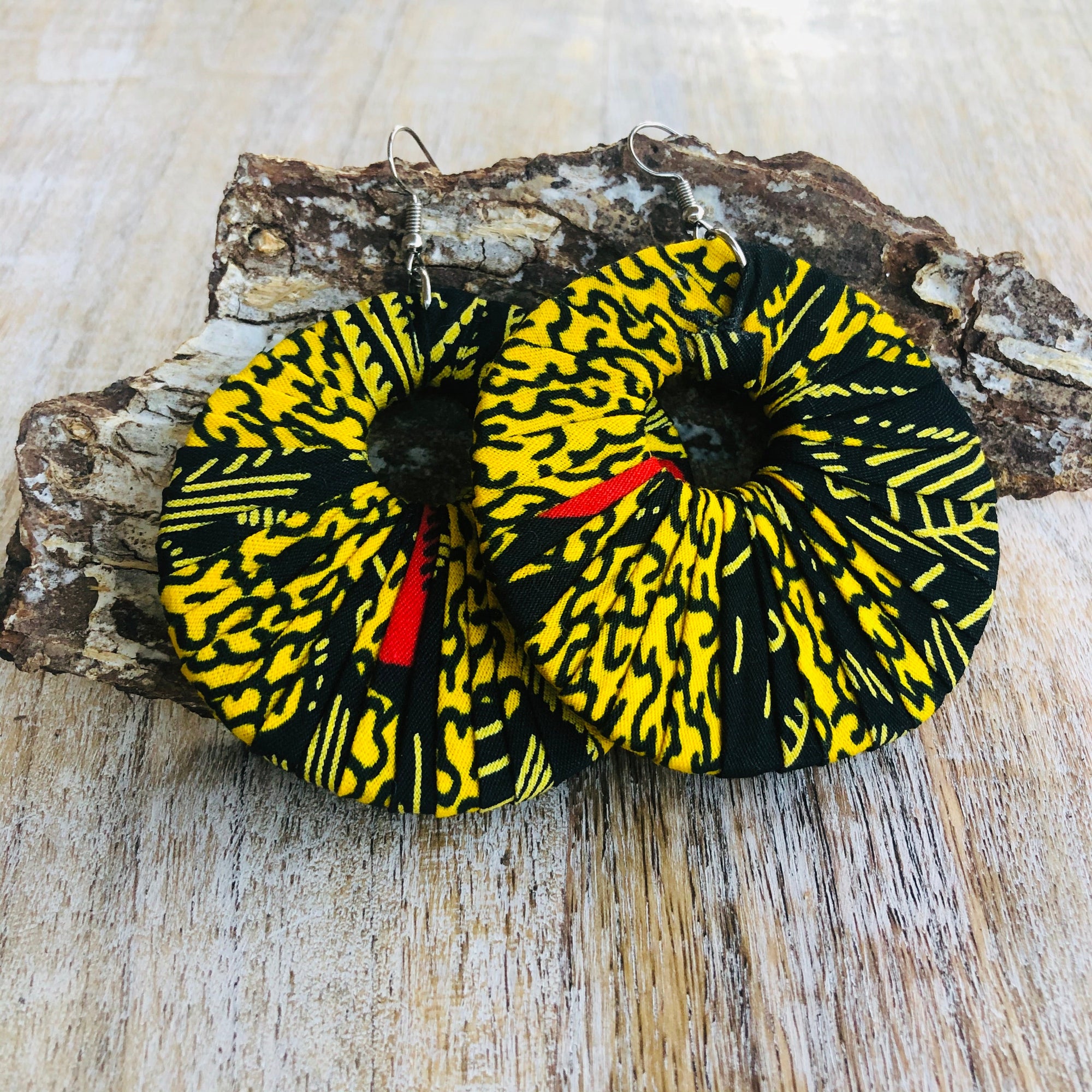 Large Round Ankara Earrings (Multicolor - Yellow/Black/Red)