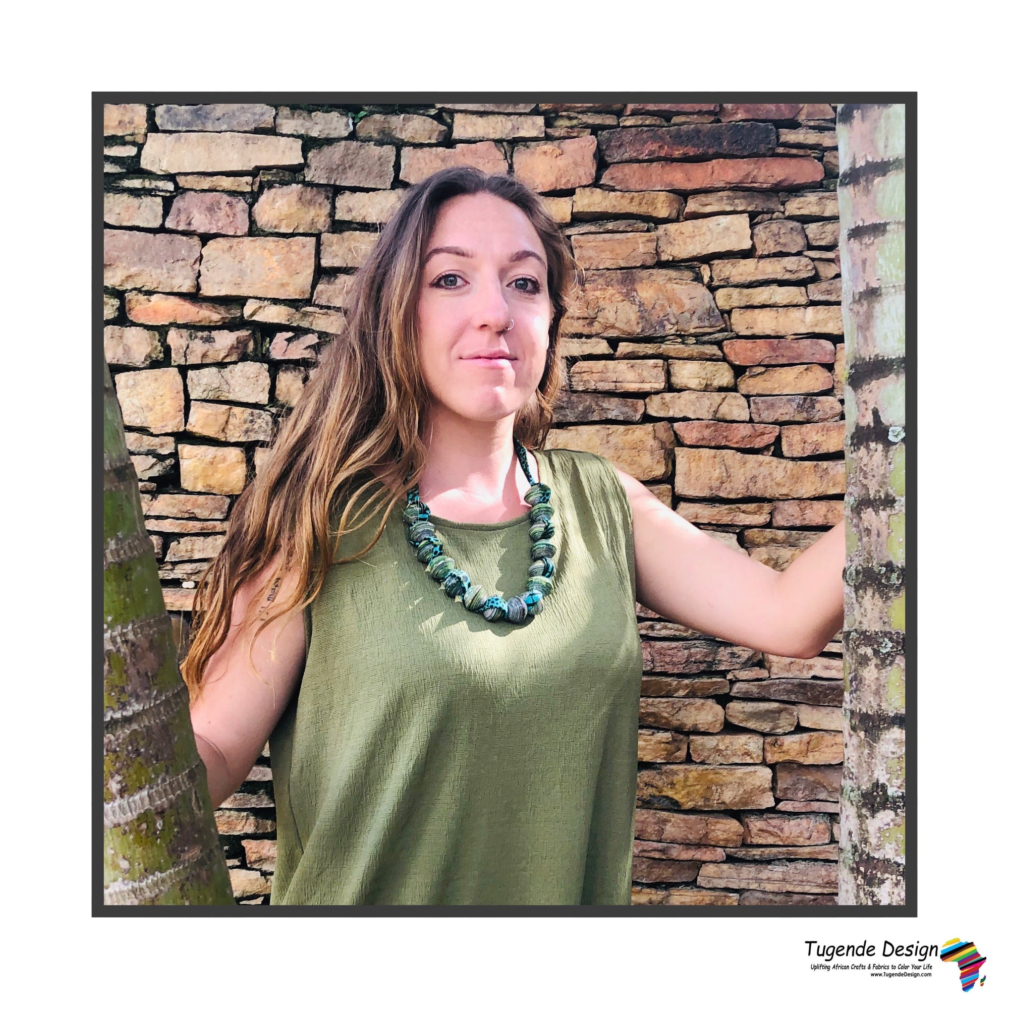 Sanyu Funky Handmade Necklace with Chunky Beads and Ankara Fabric (Large Beads in Red, Green or Orange)