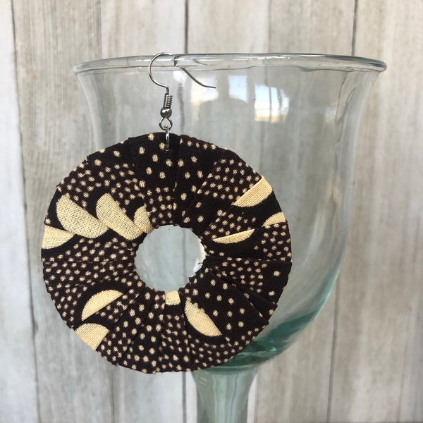 Large Round Ankara Kitangala Earrings (Multicolor - Brown and Cream)